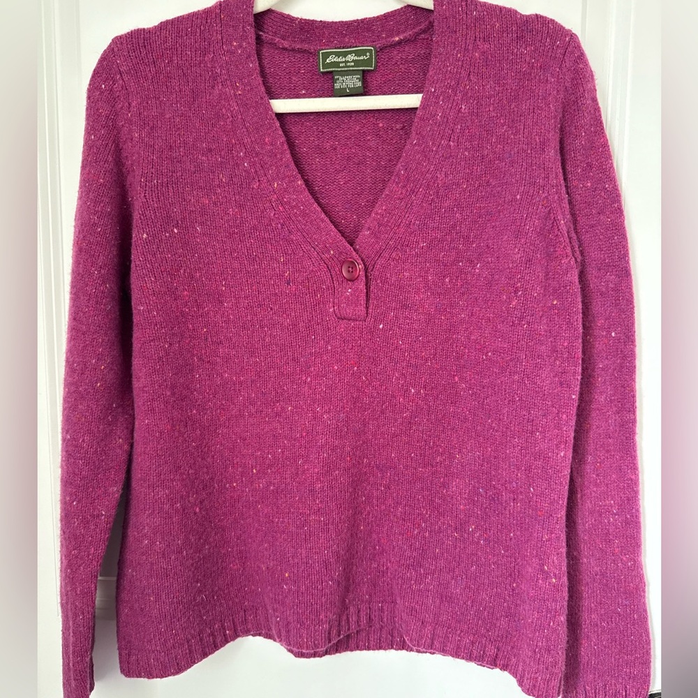 Eddie Bauer Women's Fuchsia Speckled V-Neck Sweater Wool Blend